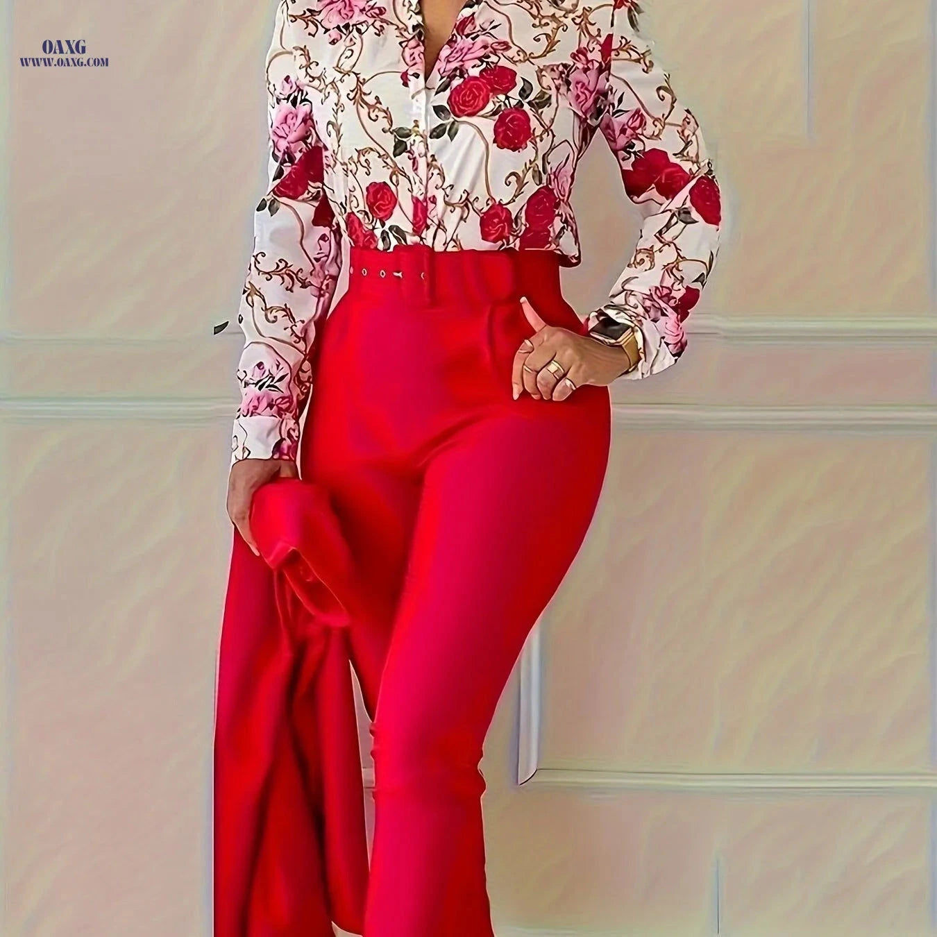 Chongzhong Elegant Floral V-Neck Blouse & Pants Set - All Seasons   OAXG 