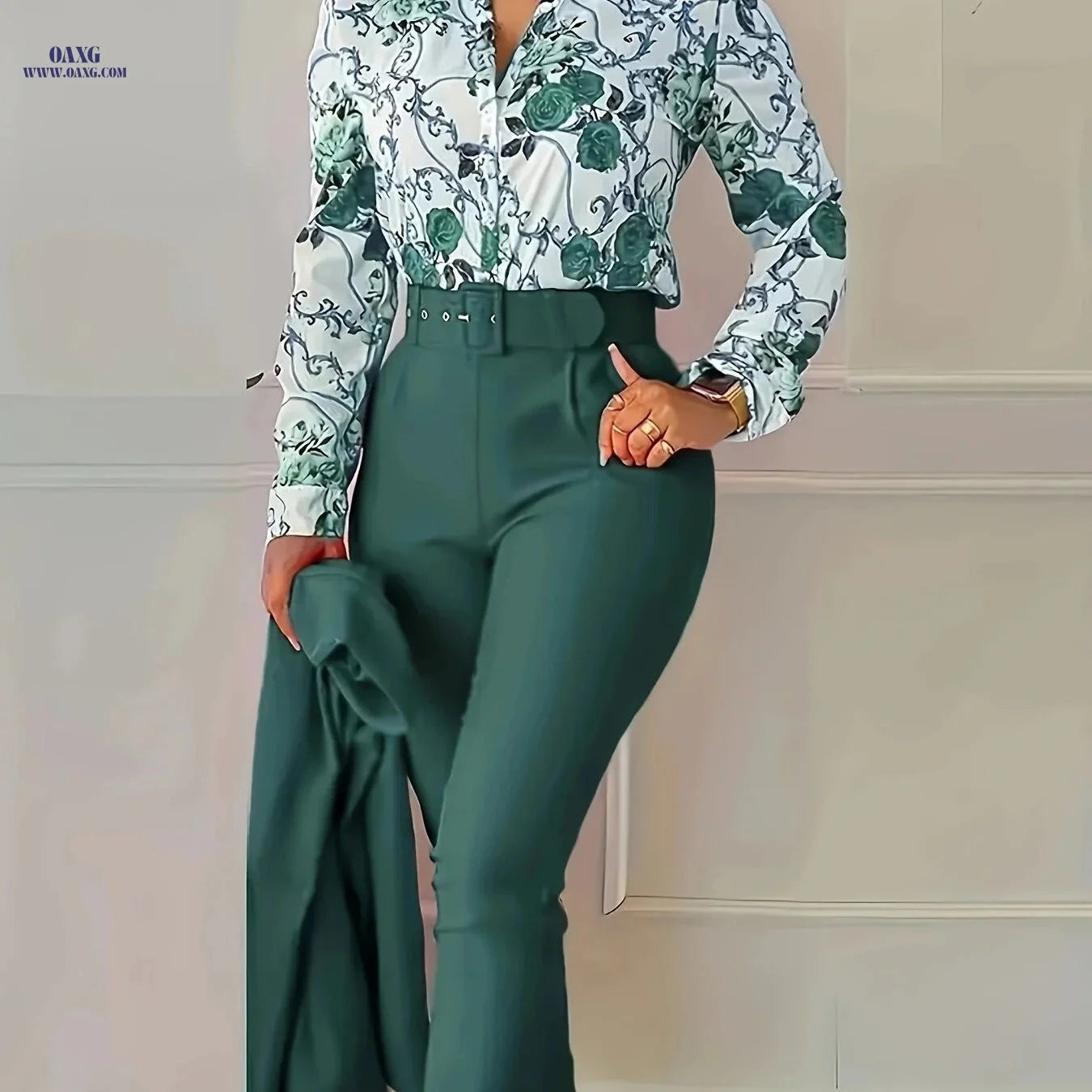 Chongzhong Elegant Floral V-Neck Blouse & Pants Set - All Seasons   OAXG 
