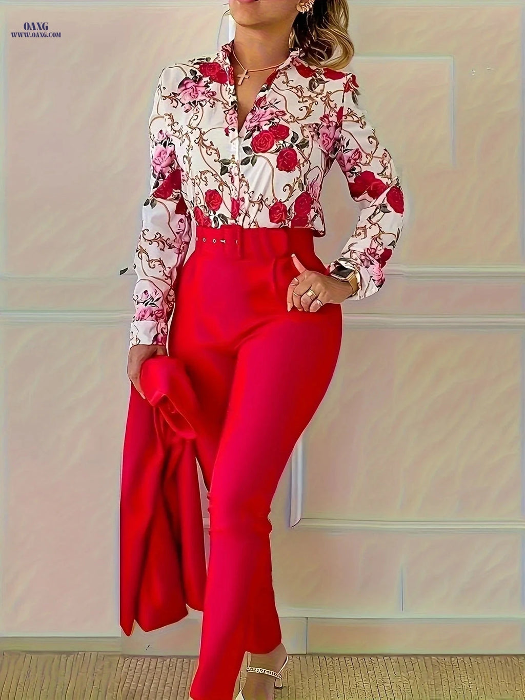 Chongzhong Elegant Floral V-Neck Blouse & Pants Set - All Seasons   OAXG 