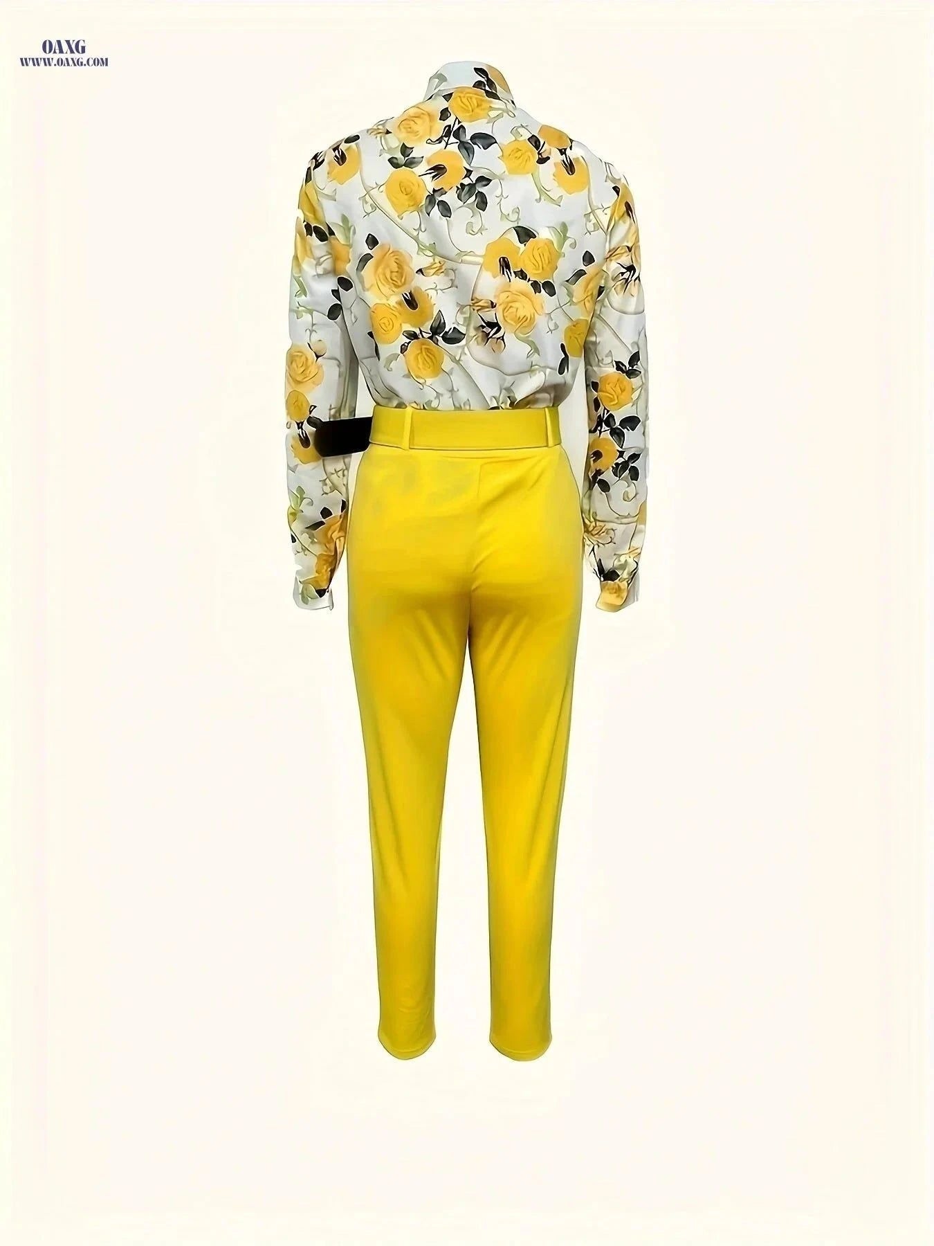 Chongzhong Elegant Floral V-Neck Blouse & Pants Set - All Seasons   OAXG Yellow / S