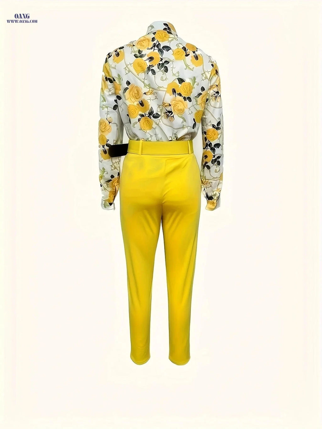 Chongzhong Elegant Floral V-Neck Blouse & Pants Set - All Seasons   OAXG Yellow / S