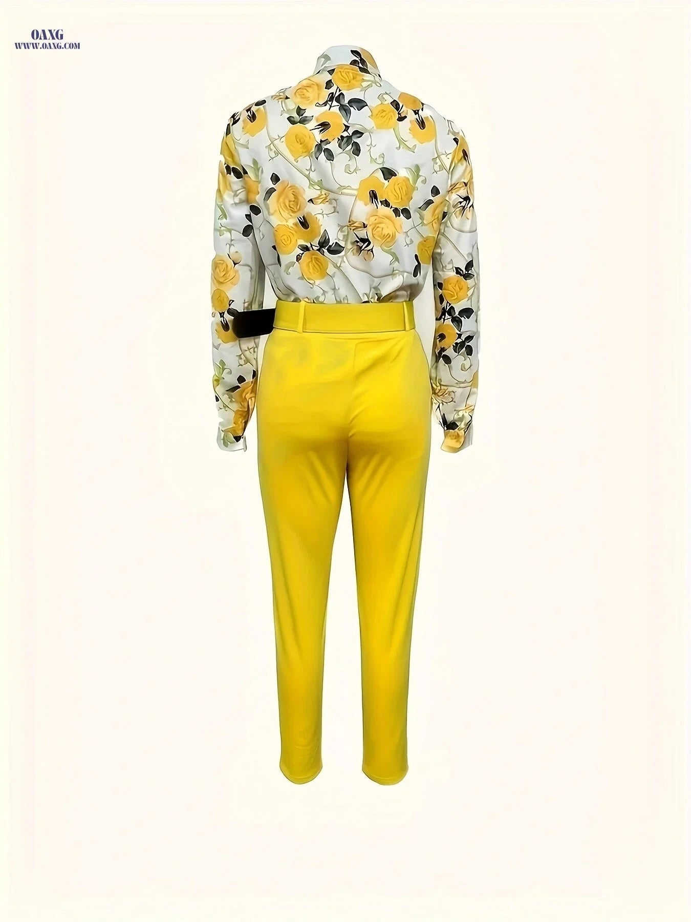 Chongzhong Elegant Floral V-Neck Blouse & Pants Set - All Seasons   OAXG Yellow / S