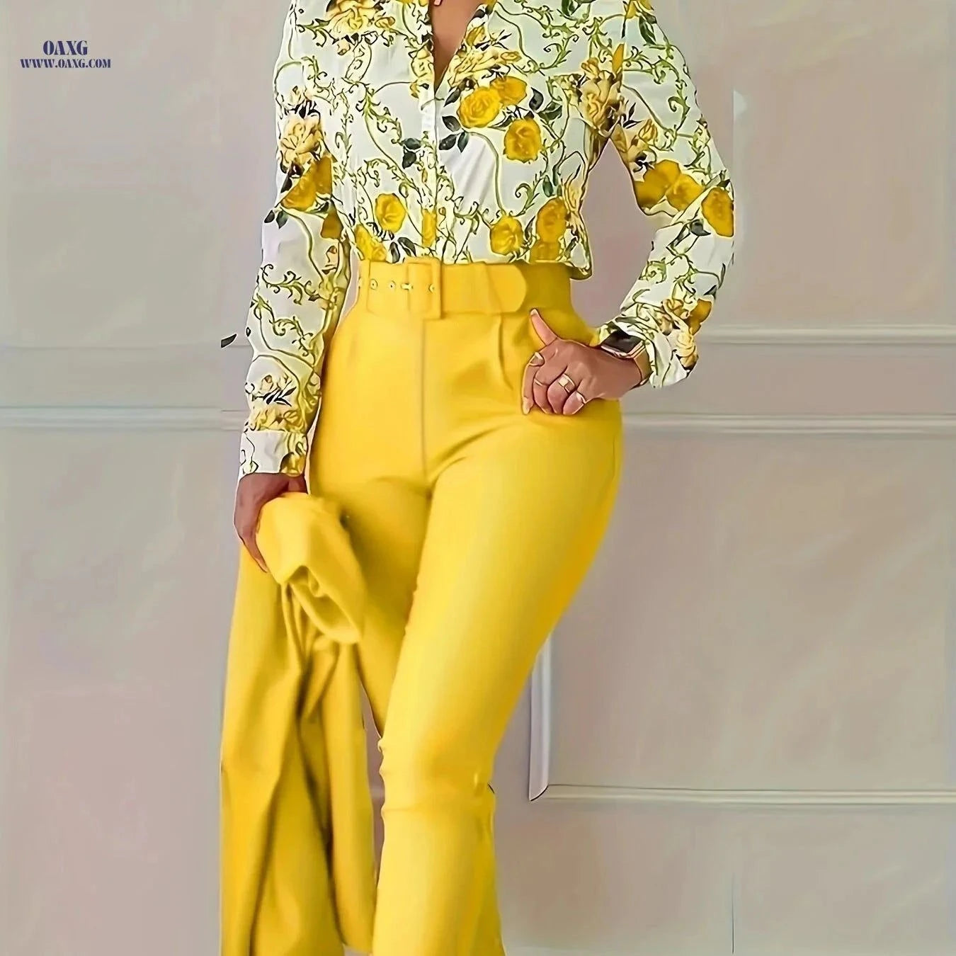 Chongzhong Elegant Floral V-Neck Blouse & Pants Set - All Seasons   OAXG Yellow / S