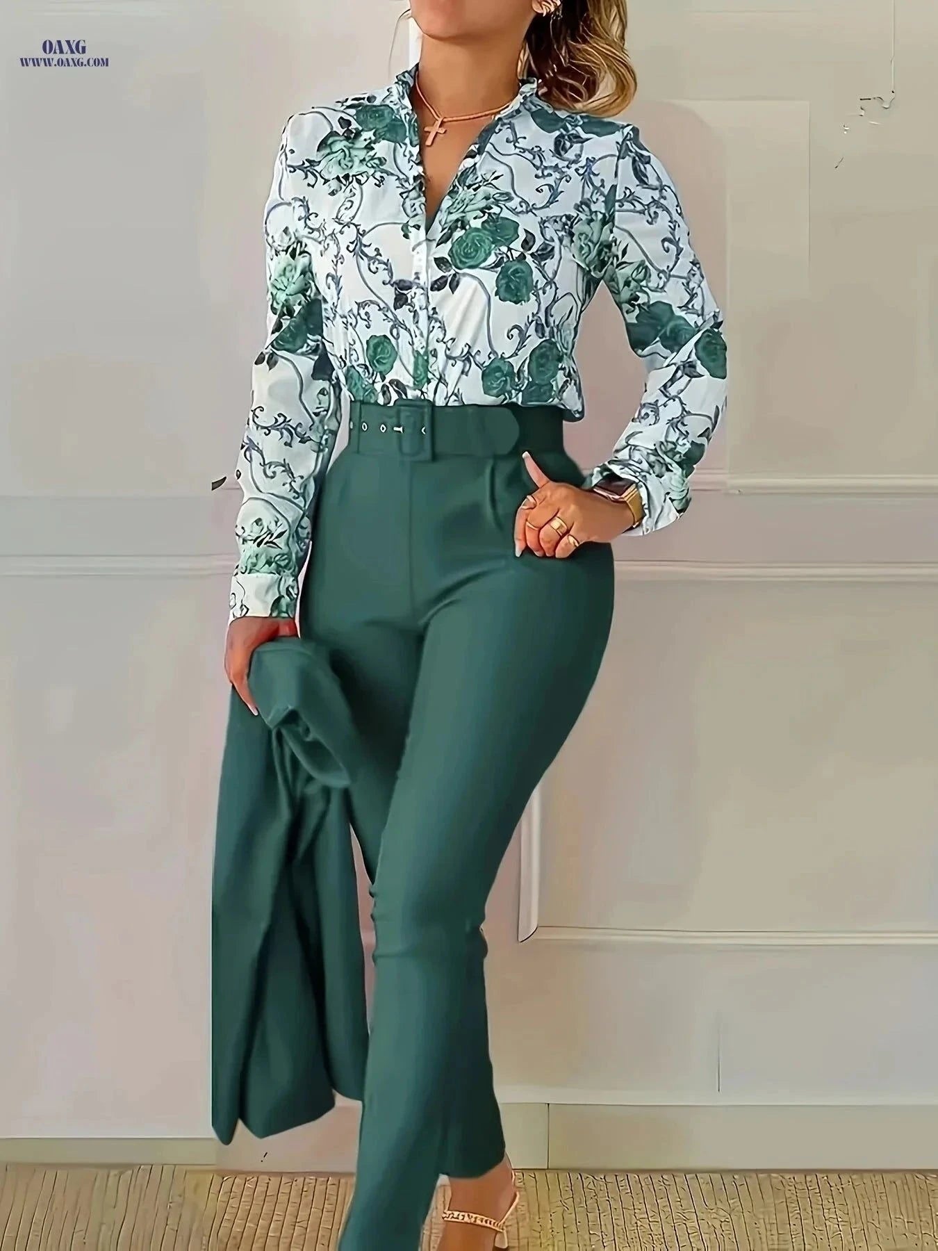 Chongzhong Elegant Floral V-Neck Blouse & Pants Set - All Seasons   OAXG Yellow / S