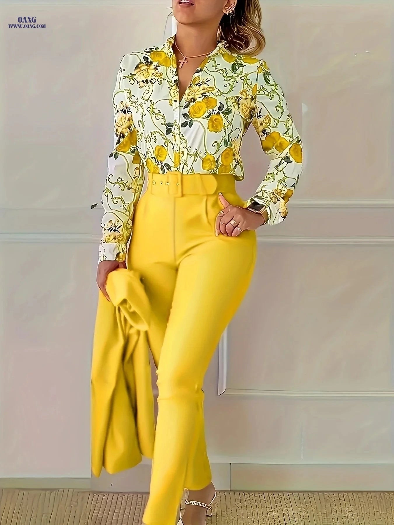 Chongzhong Elegant Floral V-Neck Blouse & Pants Set - All Seasons   OAXG Yellow / S