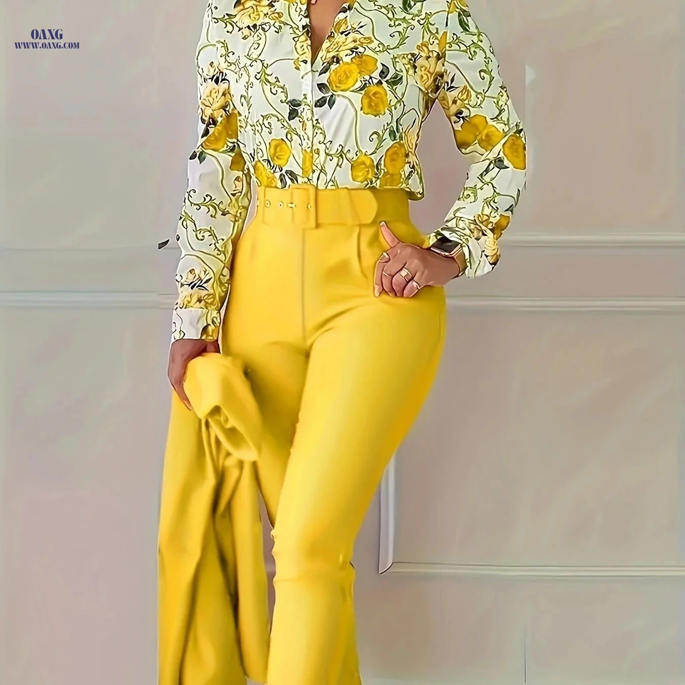 Chongzhong Elegant Floral V-Neck Blouse & Pants Set - All Seasons   OAXG Yellow / S