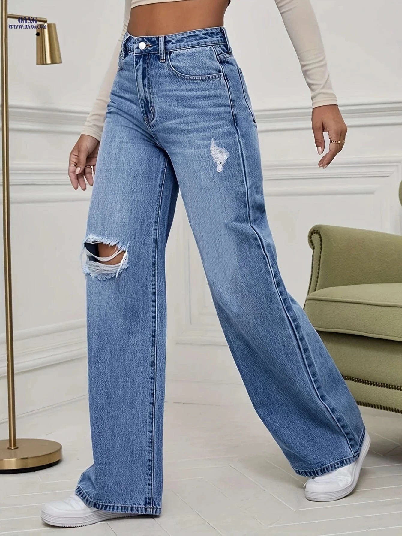 Cielo Jeans Fashion Casual Wide Leg Pants - Ripped High Waist Denim   OAXG 