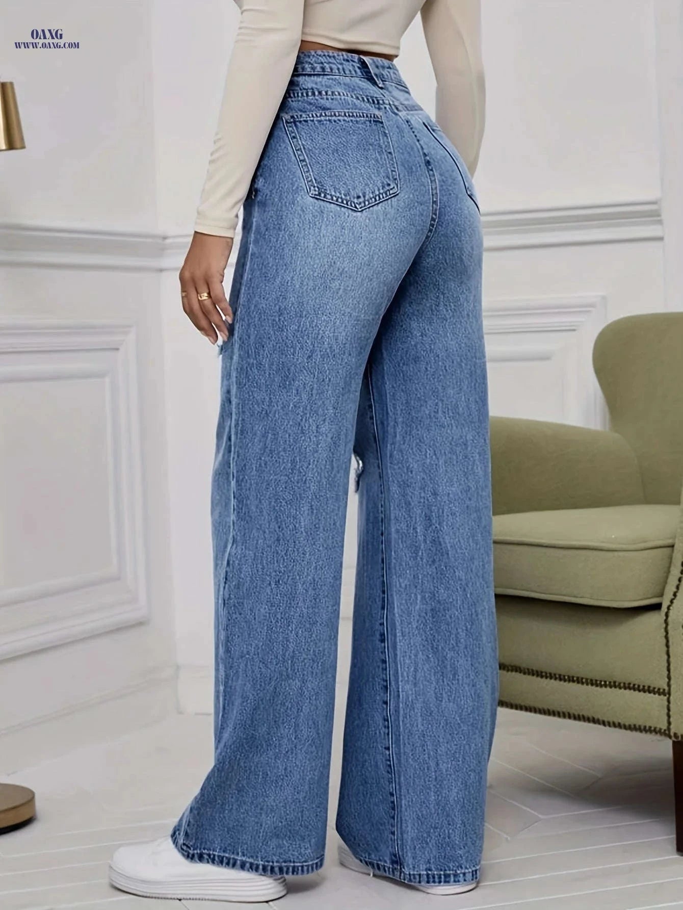 Cielo Jeans Fashion Casual Wide Leg Pants - Ripped High Waist Denim   OAXG 