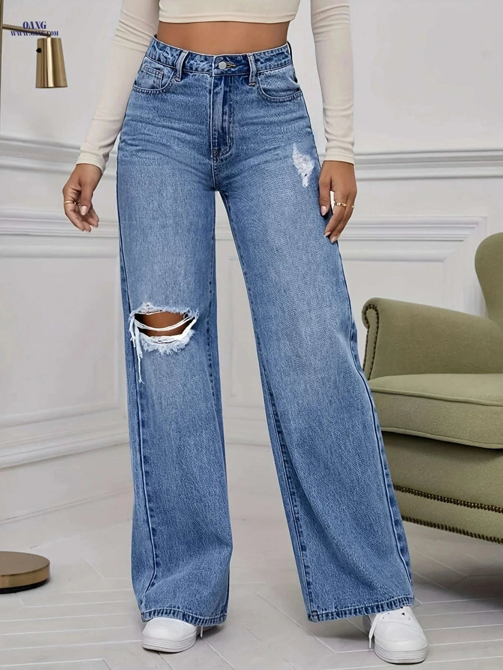 Cielo Jeans Fashion Casual Wide Leg Pants - Ripped High Waist Denim   OAXG Peacock Blue / XS