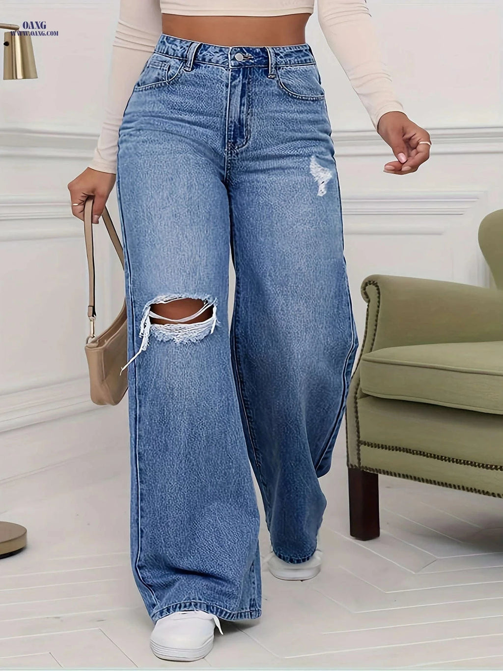Cielo Jeans Fashion Casual Wide Leg Pants - Ripped High Waist Denim   OAXG Peacock Blue / XS