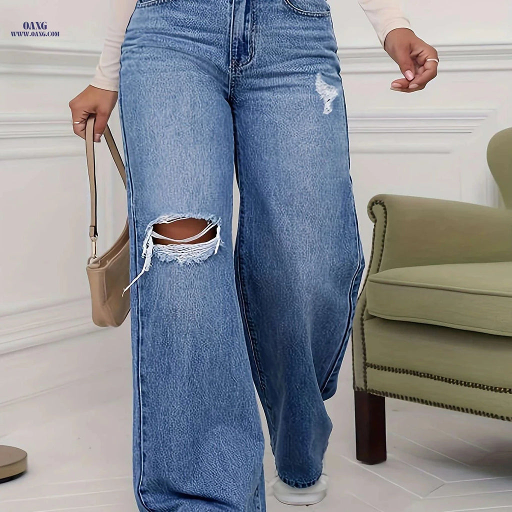 Cielo Jeans Fashion Casual Wide Leg Pants - Ripped High Waist Denim   OAXG Peacock Blue / XS