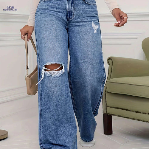 Cielo Jeans Fashion Casual Wide Leg Pants - Ripped High Waist Denim   OAXG Peacock Blue / XS