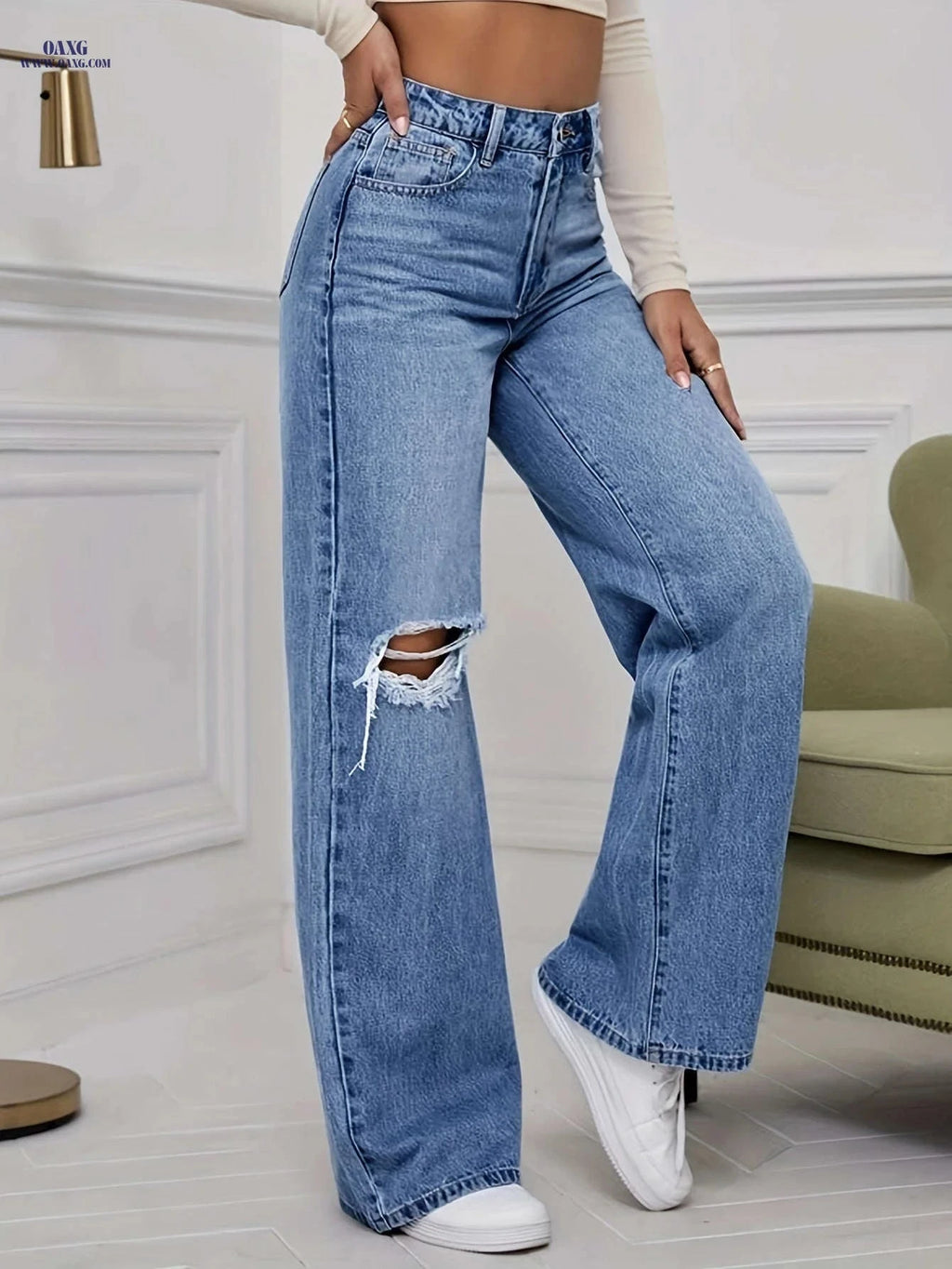 Cielo Jeans Fashion Casual Wide Leg Pants - Ripped High Waist Denim   OAXG Peacock Blue / XS