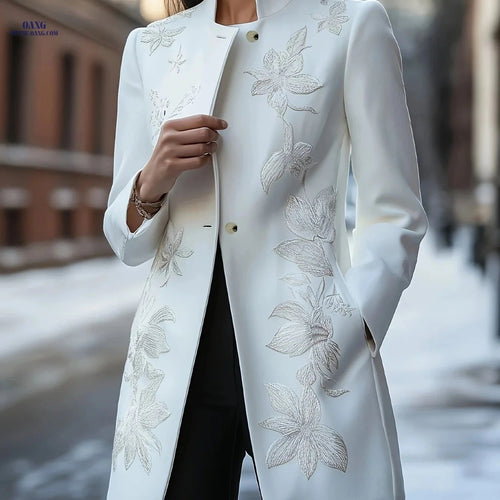 Classic Floral Embroidered Jacket - Chic Long Sleeve Design   OAXG White / S