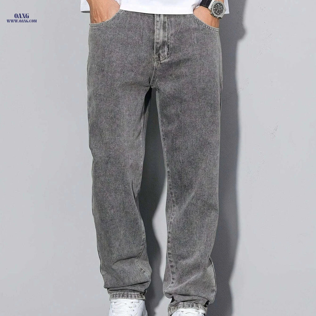 Classic Gray Jeans for Men - Comfortable Straight-Leg Trousers   OAXG 