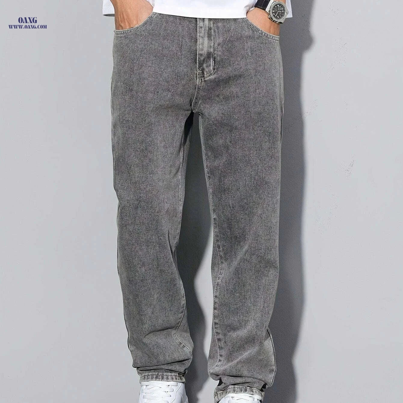 Classic Gray Jeans for Men - Comfortable Straight-Leg Trousers   OAXG 
