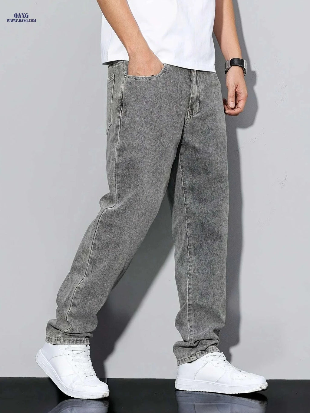 Classic Gray Jeans for Men - Comfortable Straight-Leg Trousers   OAXG Grey / 29