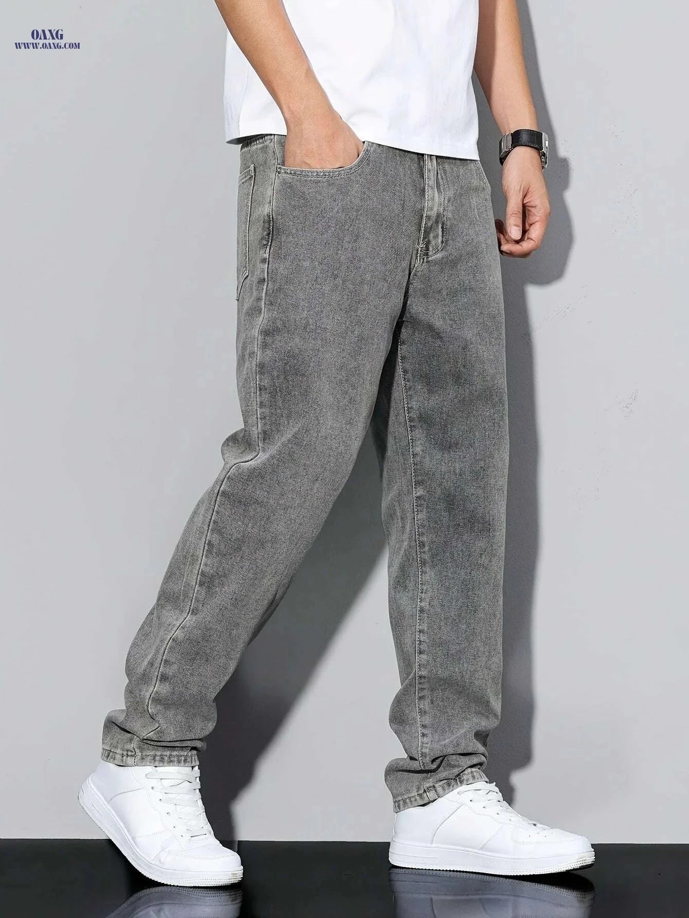 Classic Gray Jeans for Men - Comfortable Straight-Leg Trousers   OAXG Grey / 29