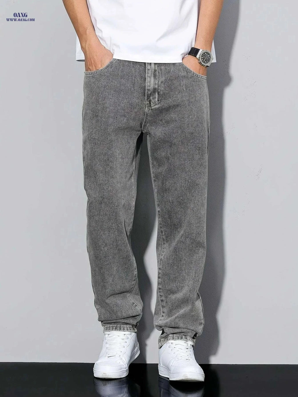 Classic Gray Jeans for Men - Comfortable Straight-Leg Trousers   OAXG Grey / 29