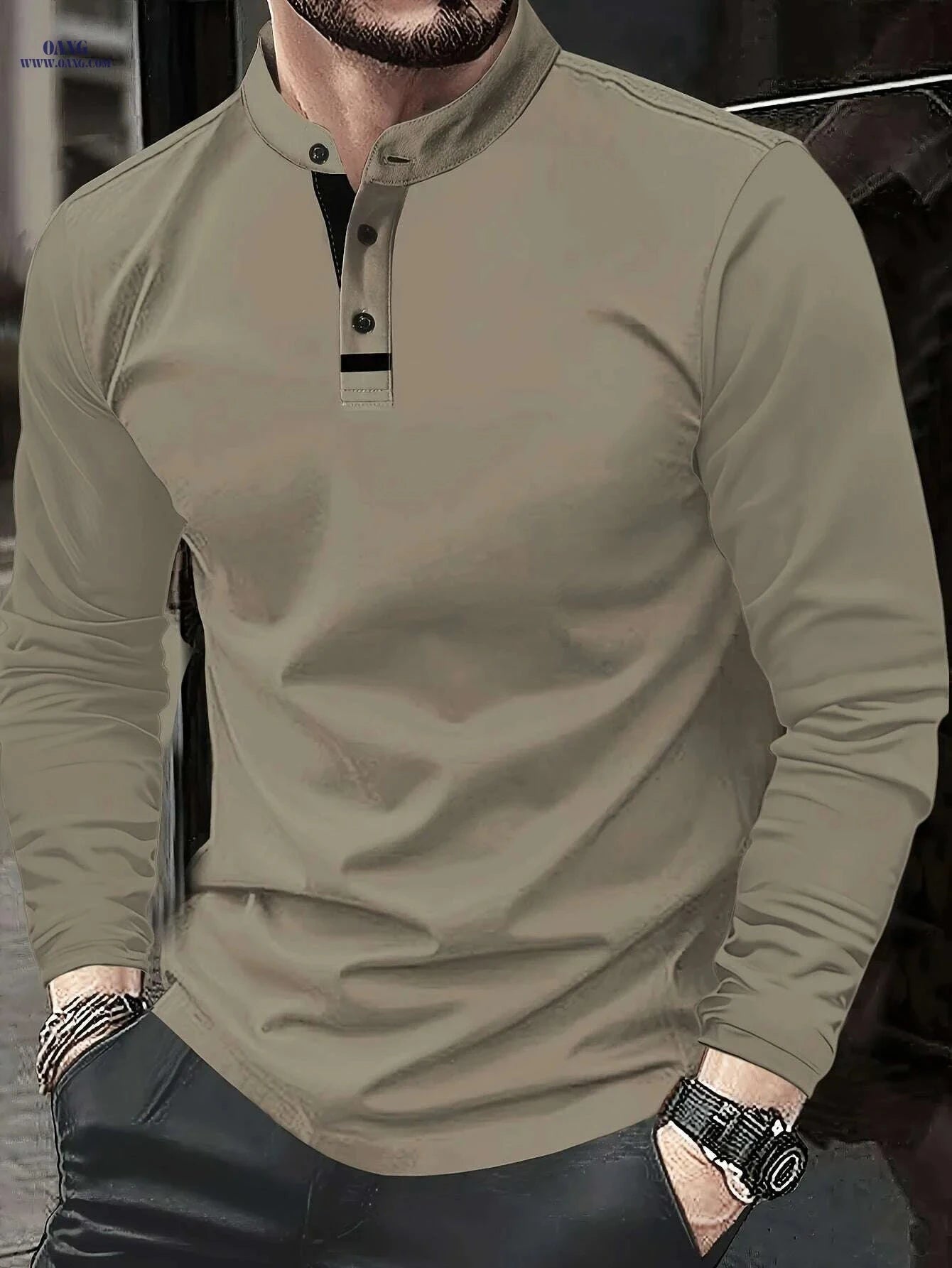 Classic Long Sleeve Polo Shirt - Comfortable Olive Green for Men   OAXG 