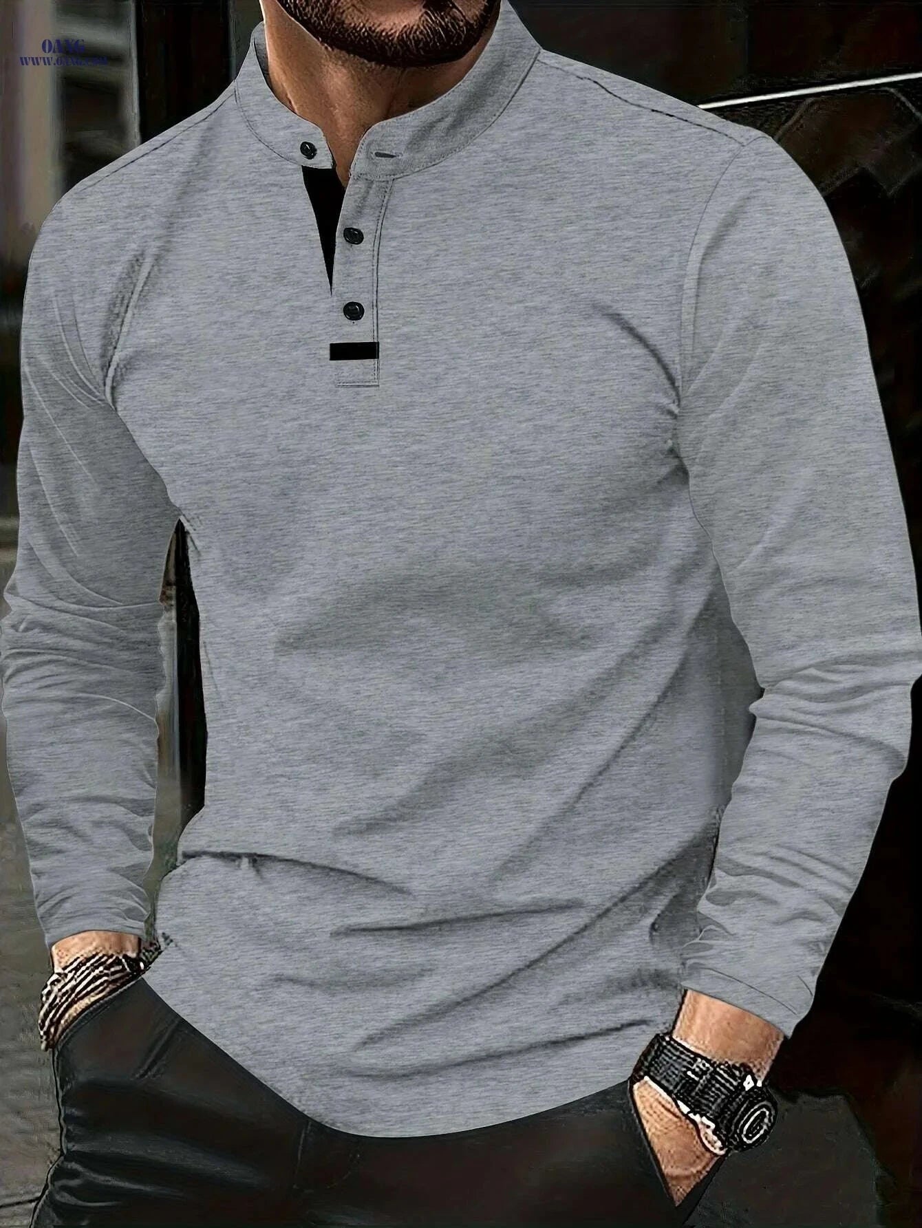 Classic Long Sleeve Polo Shirt - Comfortable Olive Green for Men   OAXG Silvery Grey / S
