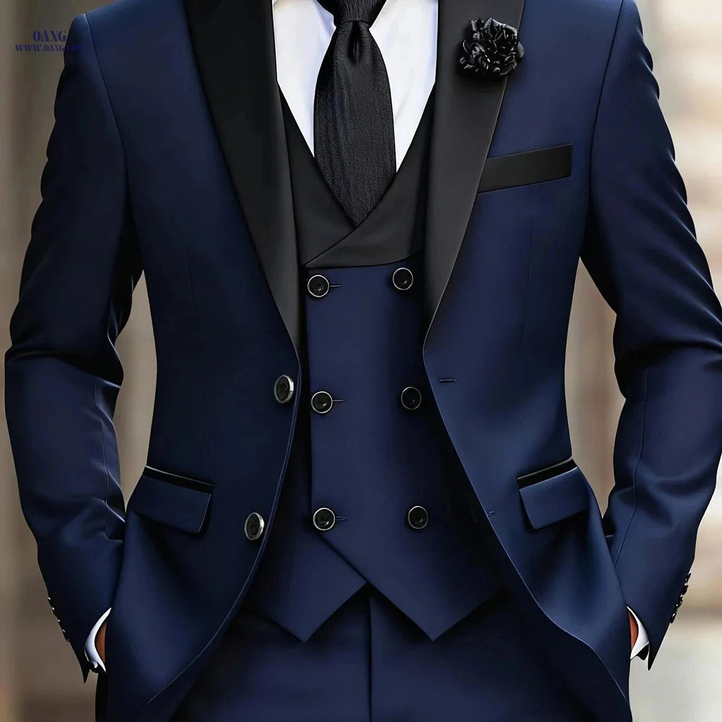 Classic Men's 3pcs Suit Set - Jacket, Vest & Trousers for Events   OAXG navy blue 1 / FR XXS