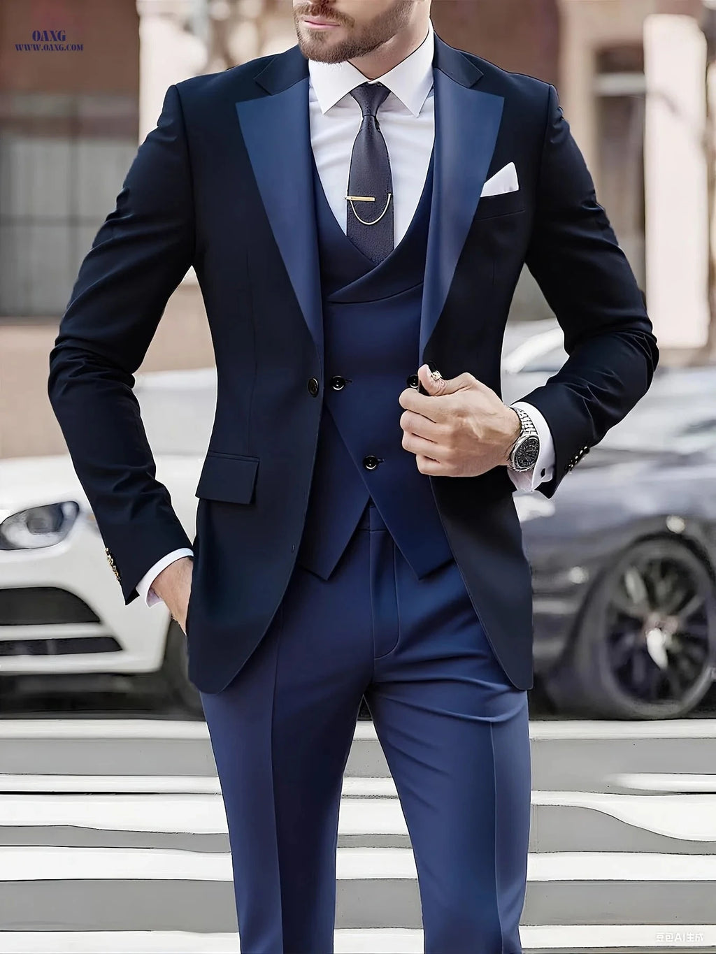 Classic Men's Three-Piece Suit Set - Blazer, Vest & Trousers   OAXG Grey / FR XXS