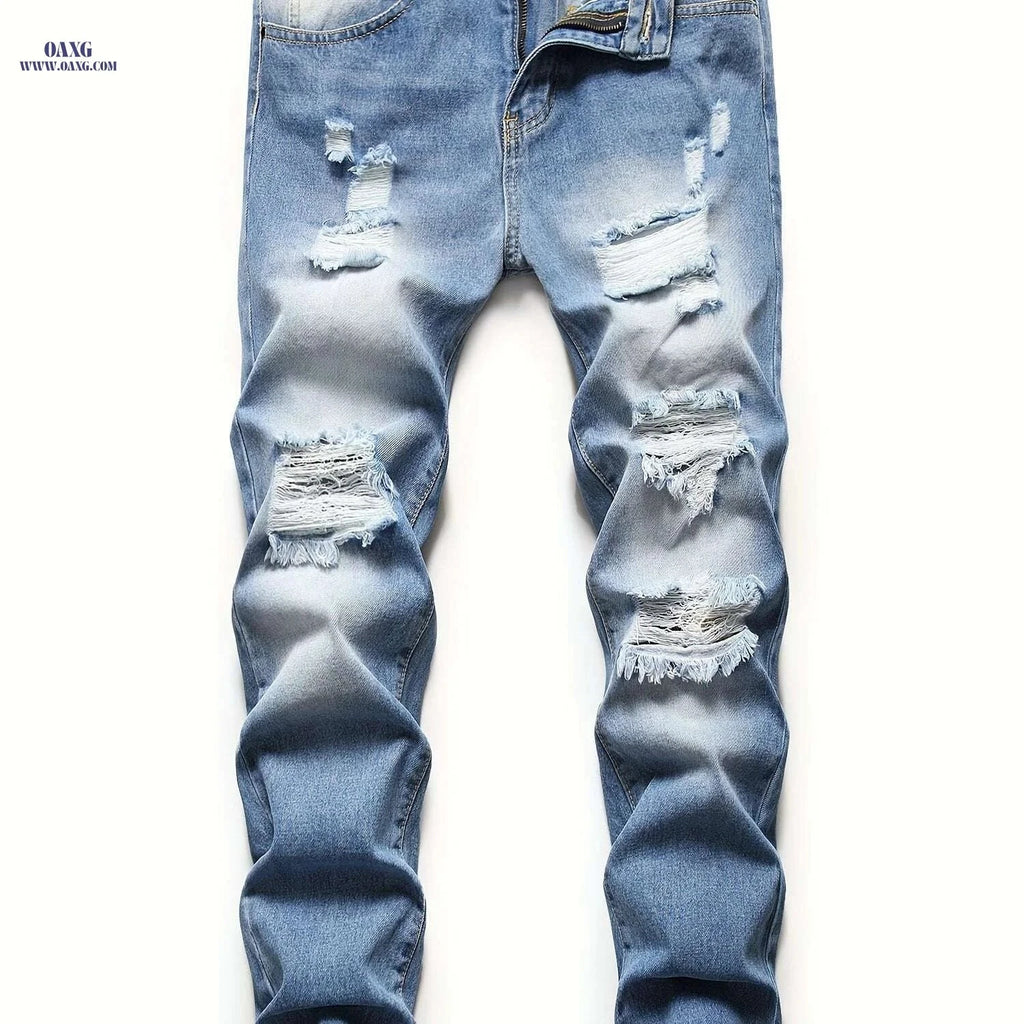 Classic Ripped Men's Denim Jeans - Regular Fit Tapered Leg Style   OAXG Denim Blue / 28