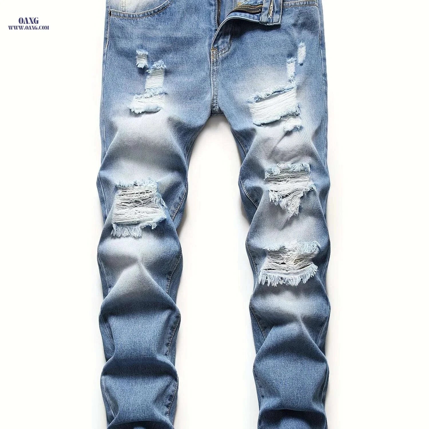 Classic Ripped Men's Denim Jeans - Regular Fit Tapered Leg Style   OAXG Denim Blue / 28