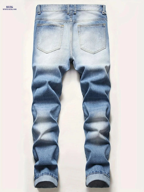 Classic Ripped Men's Denim Jeans - Regular Fit Tapered Leg Style   OAXG Denim Blue / 28