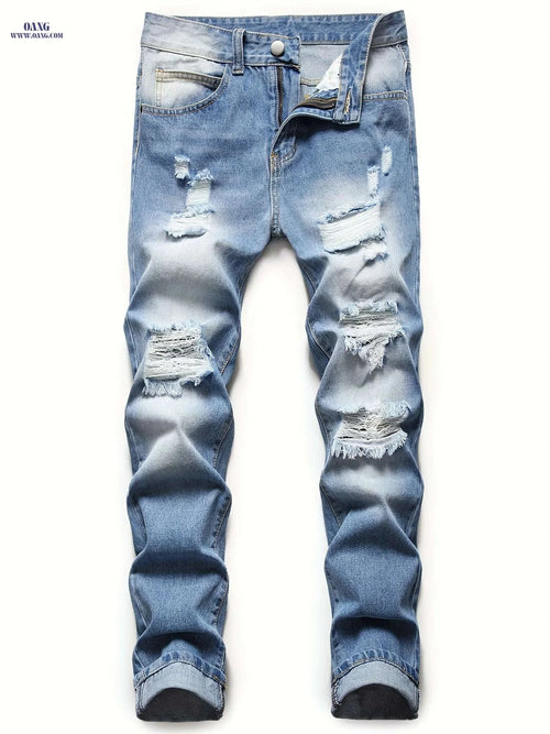 Classic Ripped Men's Denim Jeans - Regular Fit Tapered Leg Style   OAXG Denim Blue / 28