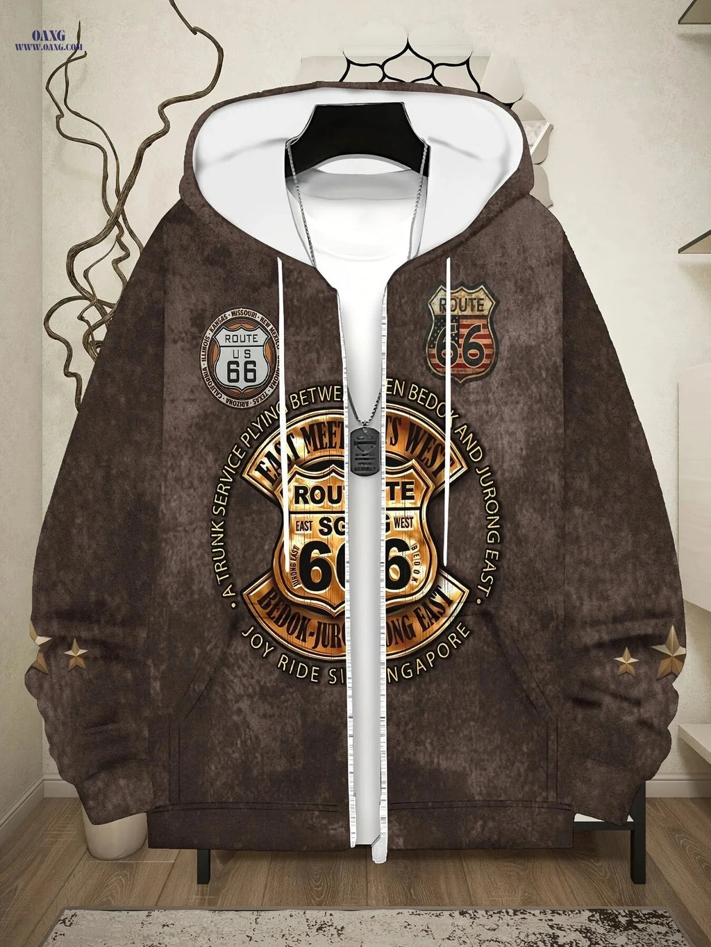 Classic Route 66 Men's Zip-Up Sports Jacket - Hooded for Fall/Winter   OAXG 