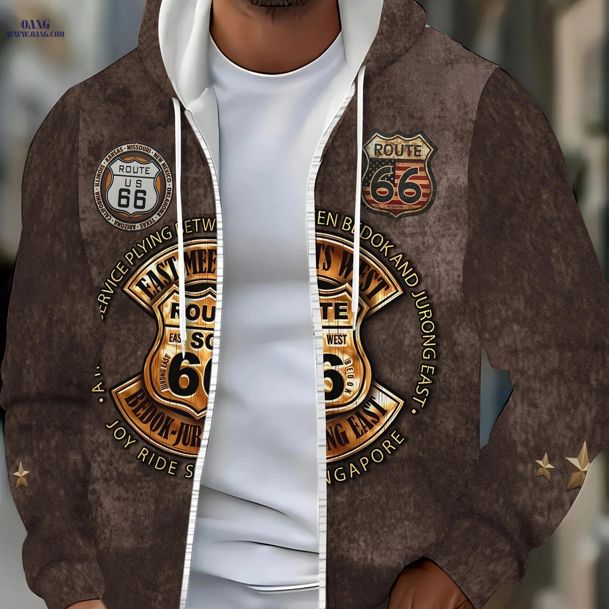 Classic Route 66 Men's Zip-Up Sports Jacket - Hooded for Fall/Winter   OAXG 