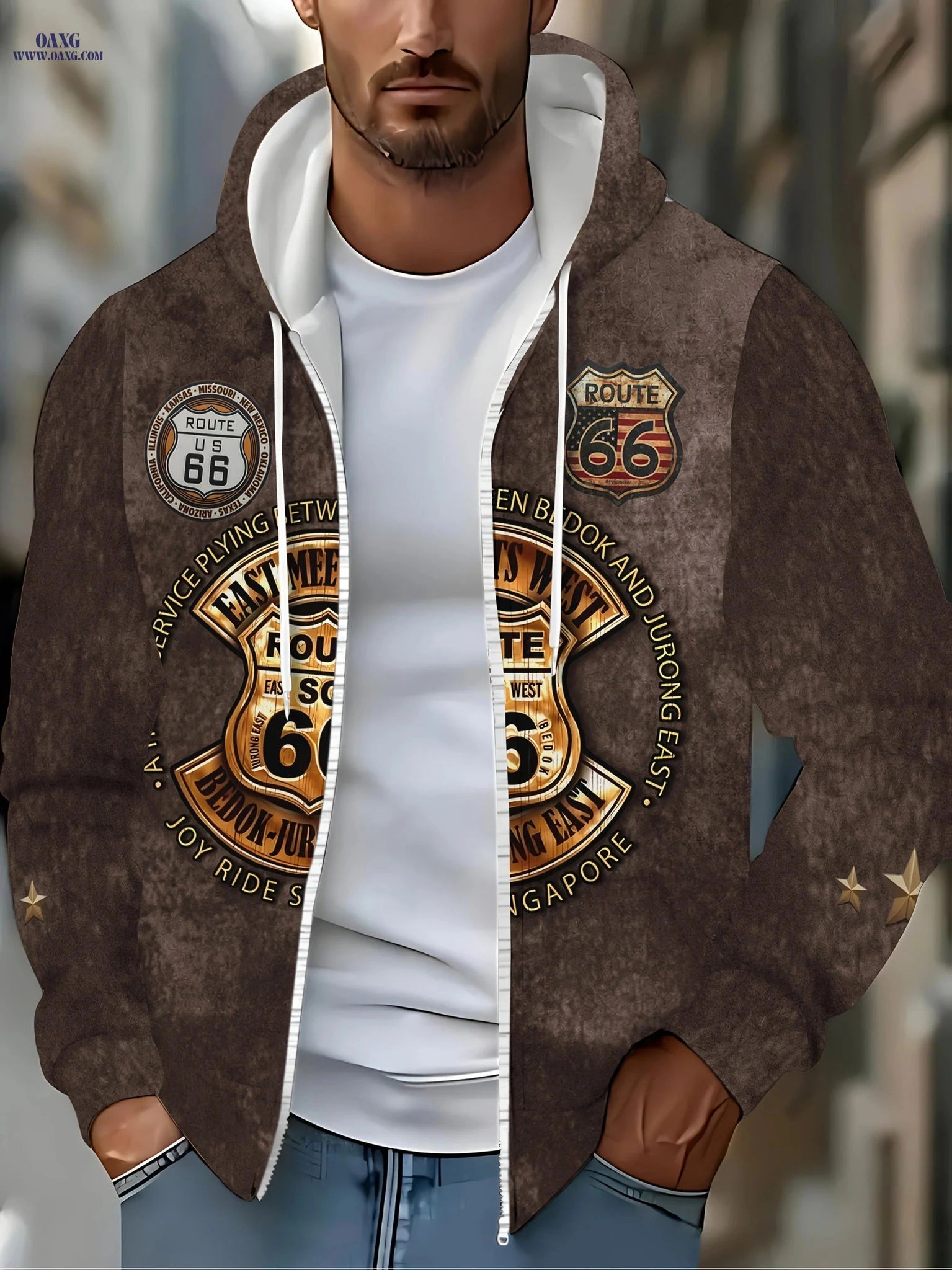 Classic Route 66 Men's Zip-Up Sports Jacket - Hooded for Fall/Winter   OAXG 
