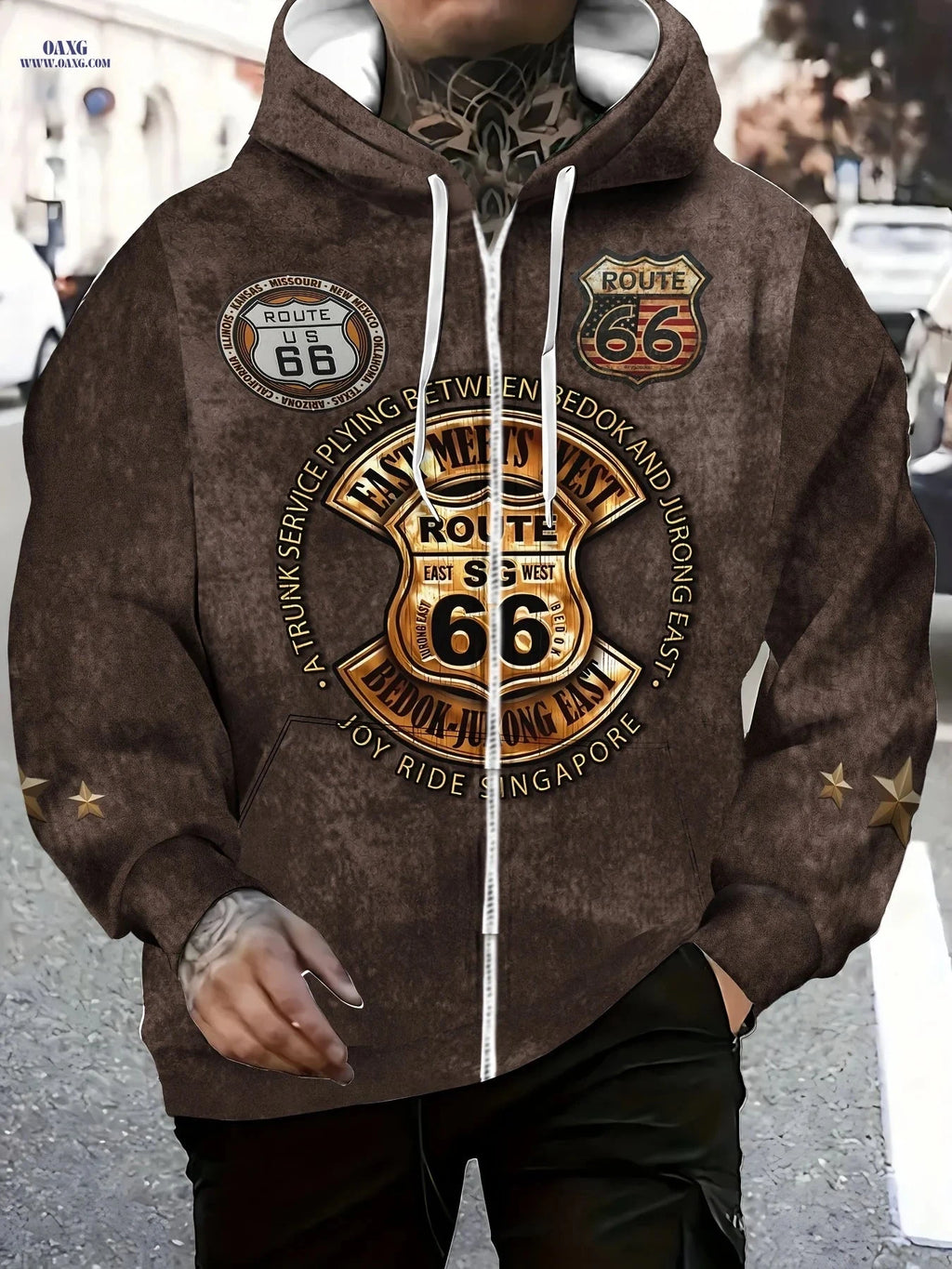 Classic Route 66 Men's Zip-Up Sports Jacket - Hooded for Fall/Winter   OAXG Multicolor / FR M