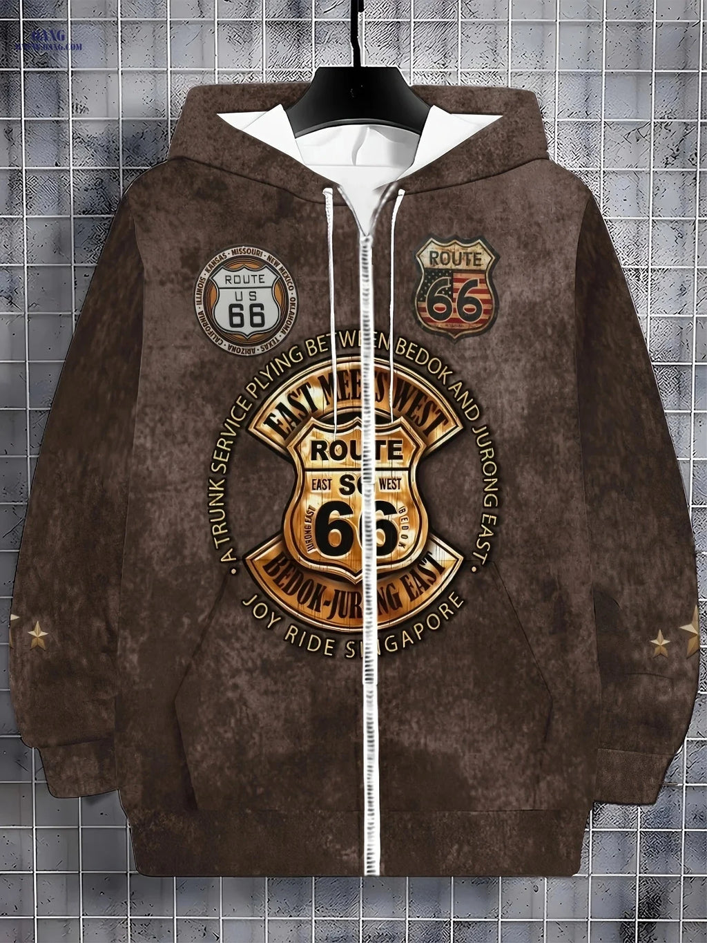 Classic Route 66 Men's Zip-Up Sports Jacket - Hooded for Fall/Winter   OAXG Multicolor / FR M