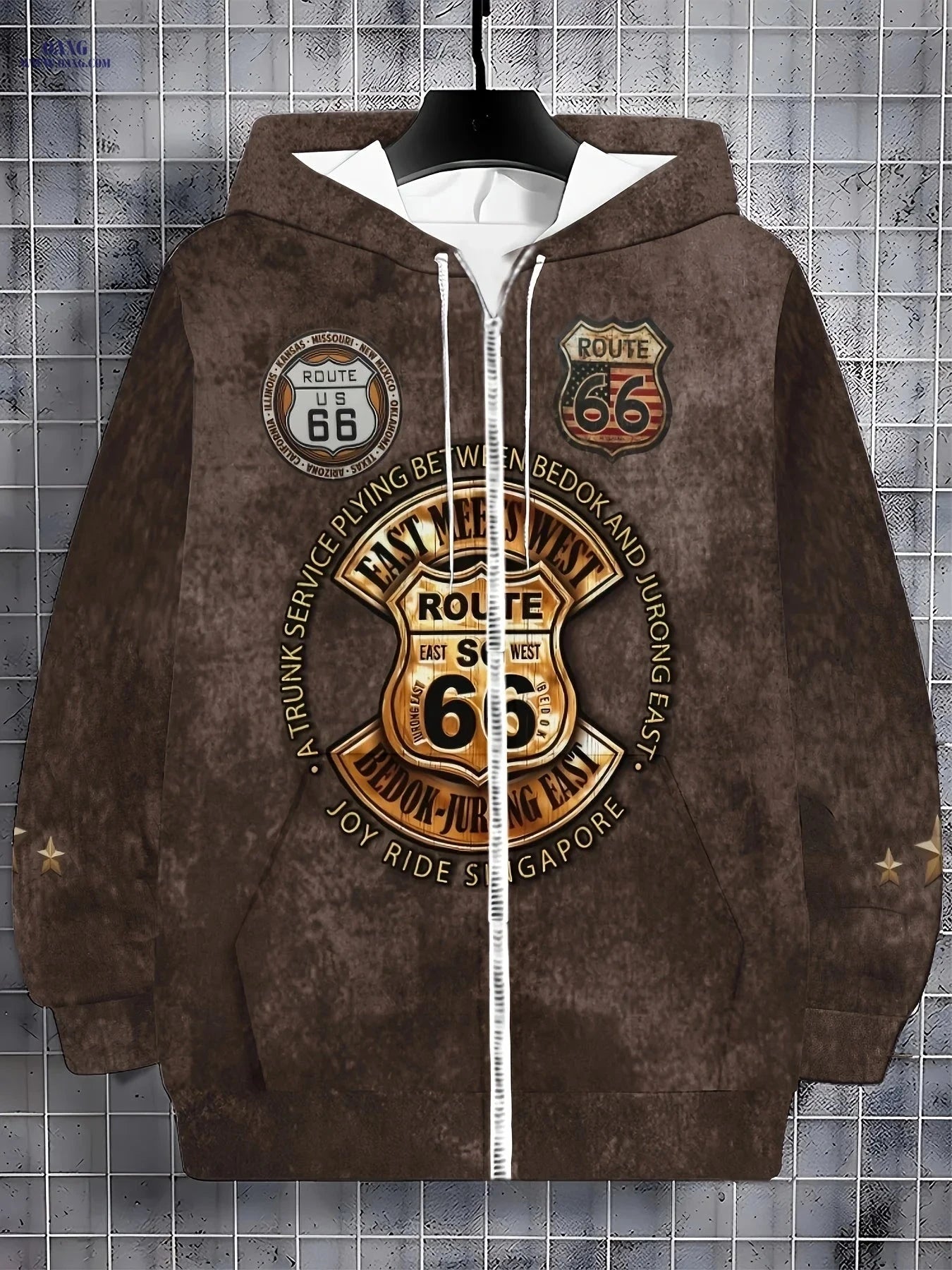 Classic Route 66 Men's Zip-Up Sports Jacket - Hooded for Fall/Winter   OAXG Multicolor / FR M