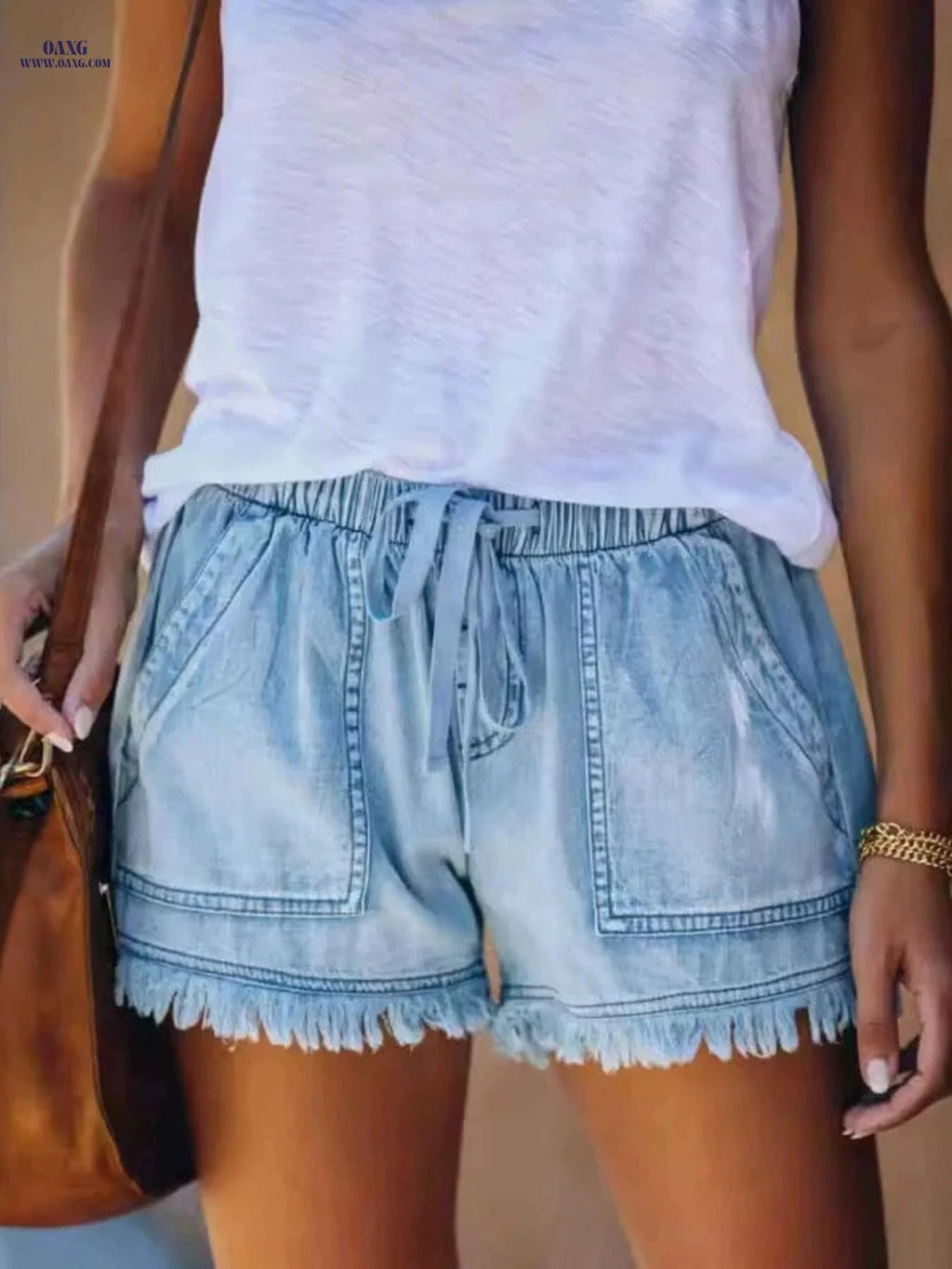 Classic Women's Denim Shorts - Non-Stretch, Drawstring Waist, Frayed Hem   OAXG 