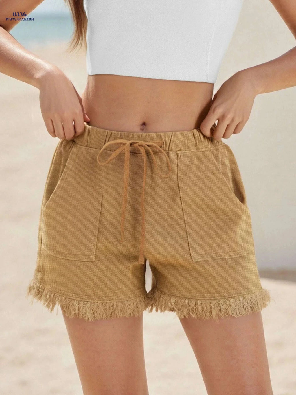 Classic Women's Denim Shorts - Non-Stretch, Drawstring Waist, Frayed Hem   OAXG 