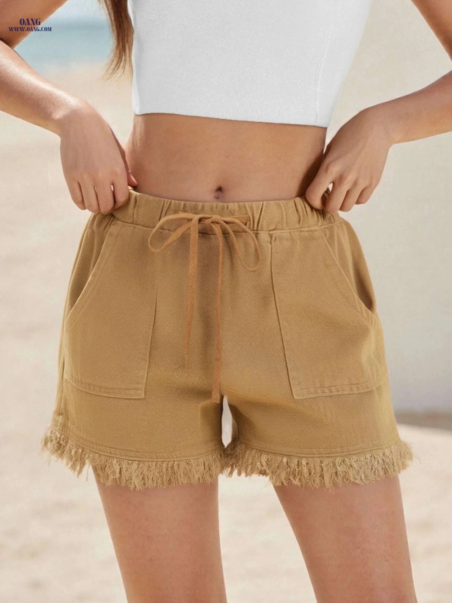 Classic Women's Denim Shorts - Non-Stretch, Drawstring Waist, Frayed Hem   OAXG 