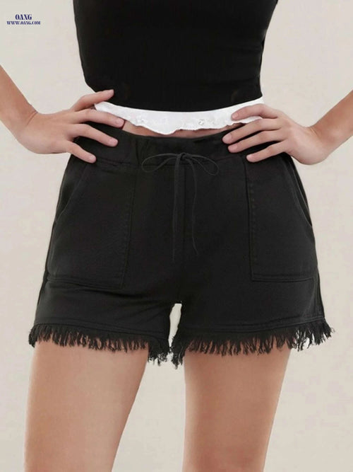 Classic Women's Denim Shorts - Non-Stretch, Drawstring Waist, Frayed Hem   OAXG 