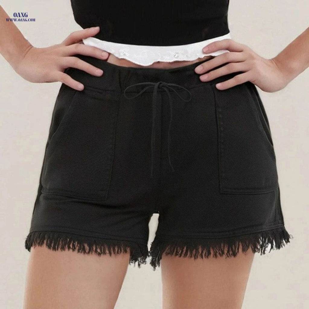 Classic Women's Denim Shorts - Non-Stretch, Drawstring Waist, Frayed Hem   OAXG 