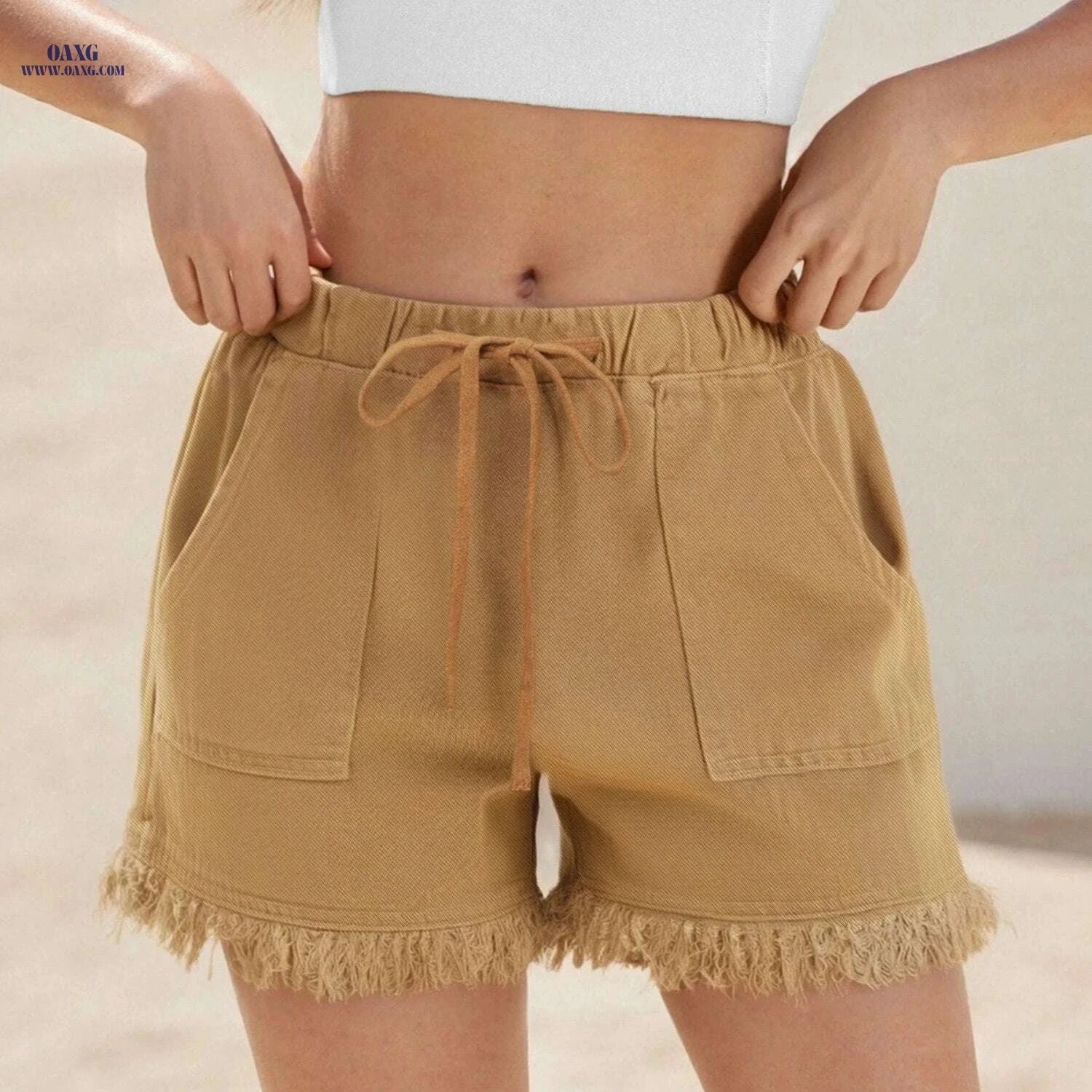 Classic Women's Denim Shorts - Non-Stretch, Drawstring Waist, Frayed Hem   OAXG 