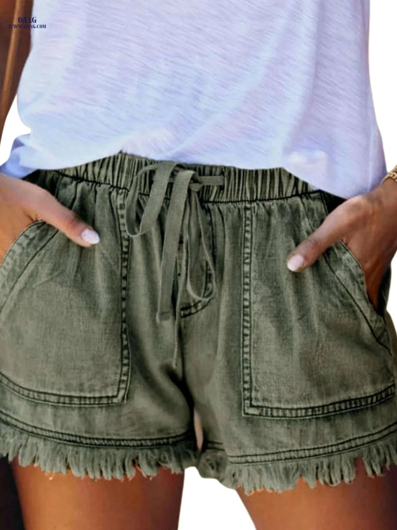 Classic Women's Denim Shorts - Non-Stretch, Drawstring Waist, Frayed Hem   OAXG 