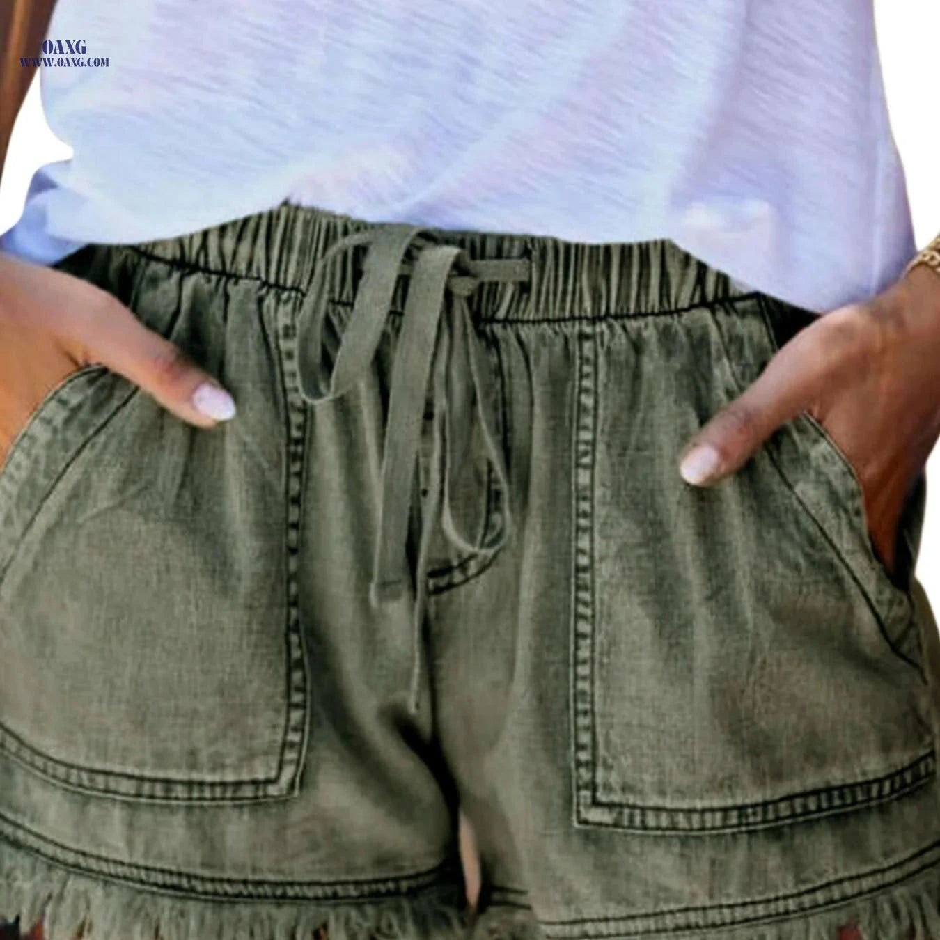 Classic Women's Denim Shorts - Non-Stretch, Drawstring Waist, Frayed Hem   OAXG 