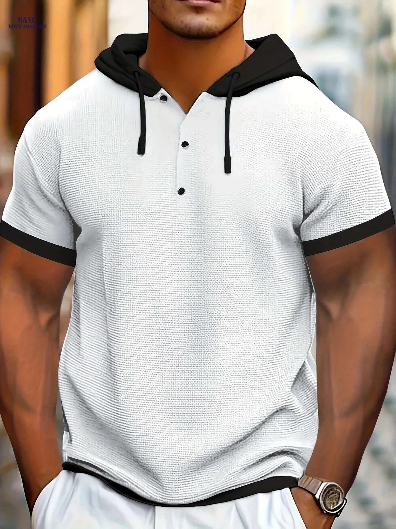 CLQWE Men's Casual Hooded Henley Shirt - Color Block, Short Sleeve   OAXG 