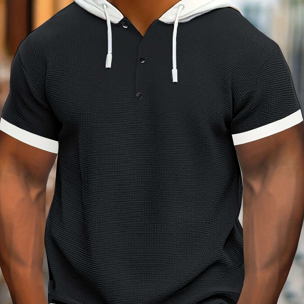 CLQWE Men's Casual Hooded Henley Shirt - Color Block, Short Sleeve   OAXG 