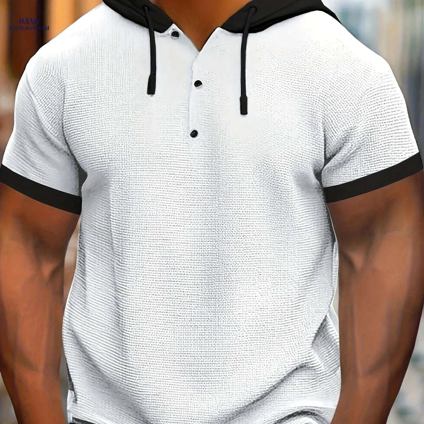 CLQWE Men's Casual Hooded Henley Shirt - Color Block, Short Sleeve   OAXG 