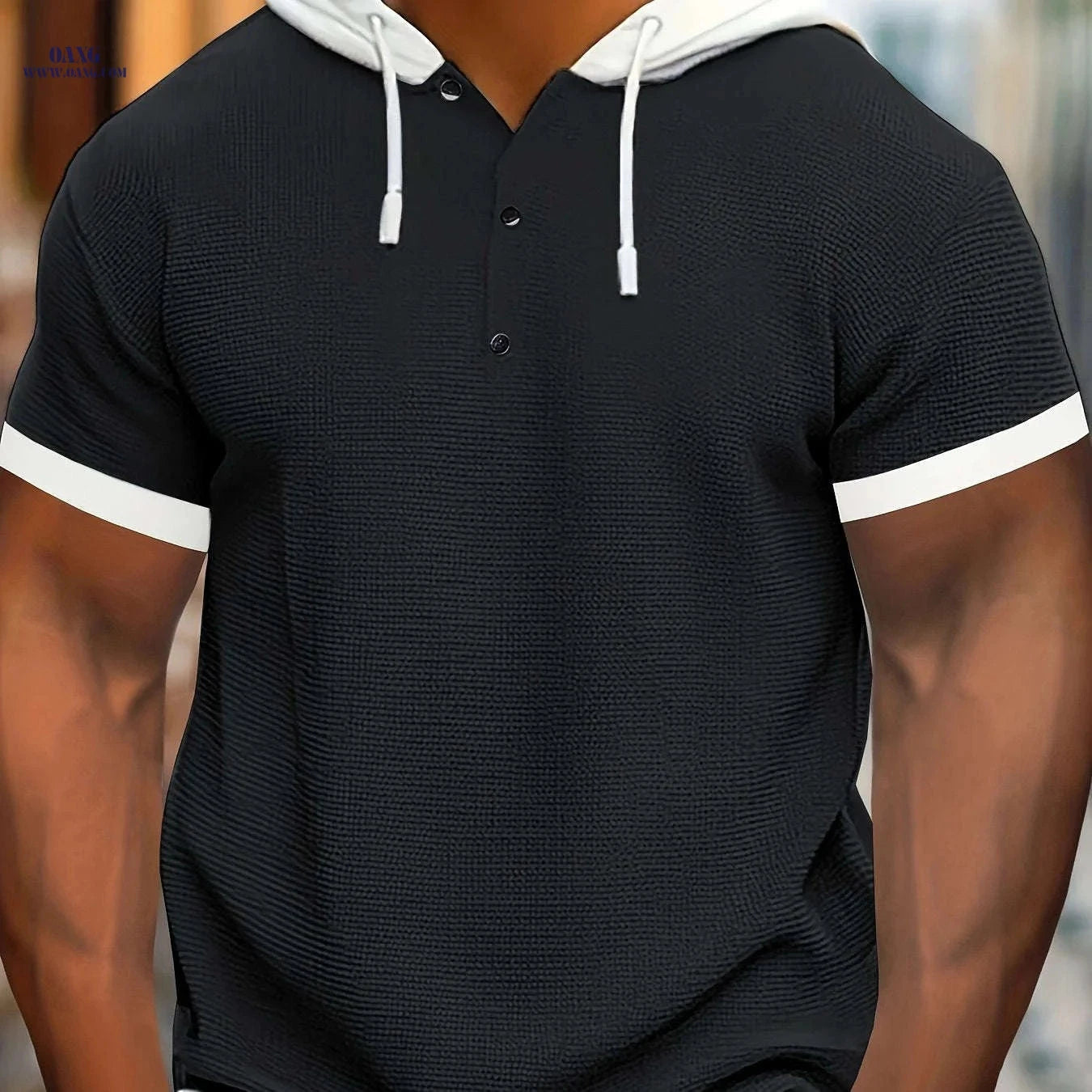 CLQWE Men's Casual Hooded Henley Shirt - Color Block, Short Sleeve   OAXG 