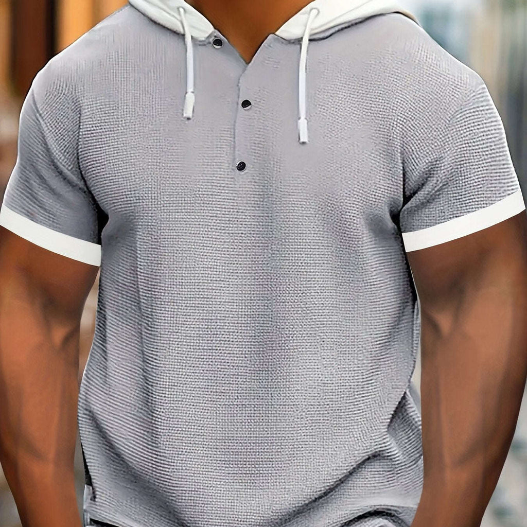 CLQWE Men's Casual Hooded Henley Shirt - Color Block, Short Sleeve   OAXG 